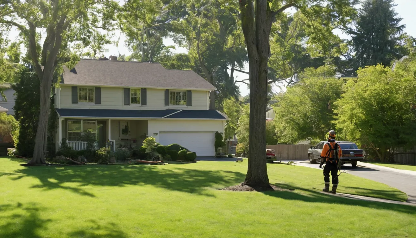A local tree removal provider cutting down a large tree beside a house near Green