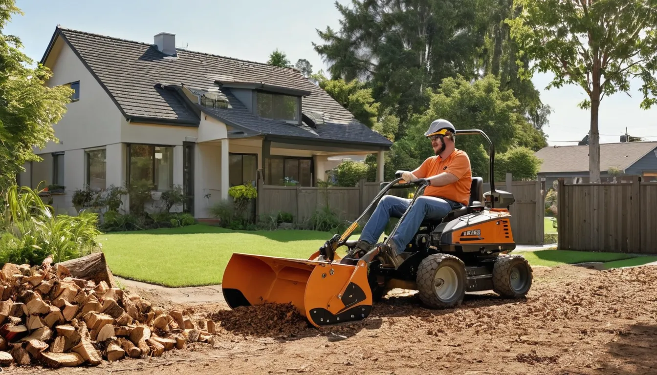 Stump grinder cutting an old tree stump in a residential backyard in Green