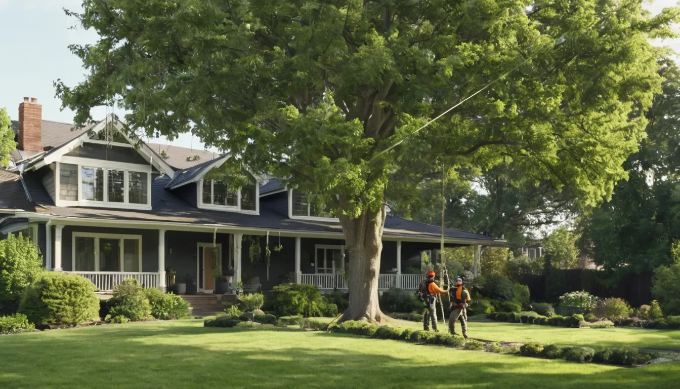 A local tree removal provider cutting a large tree in sections beside a house in Green